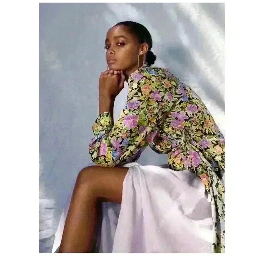 Zara Woman Size S FLORAL PRINT WRAP CROP TOP MULTICOLORED Side Tie Long Sleeves
